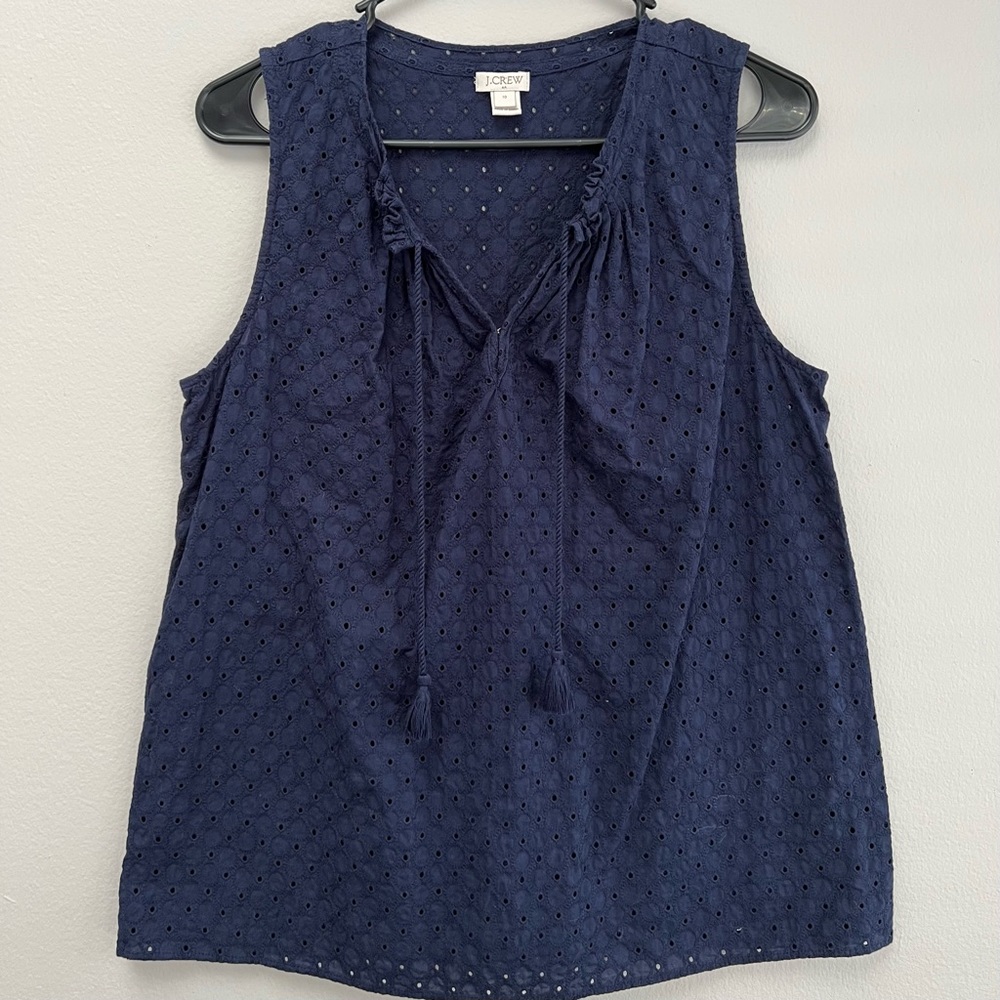 J Crew Women Embroidered Tassel Tank Navy Blue